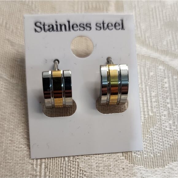 INOX Jewelry Stainless Steel Huggies with Gold IP Alternate Lines - Picture 2 of 5